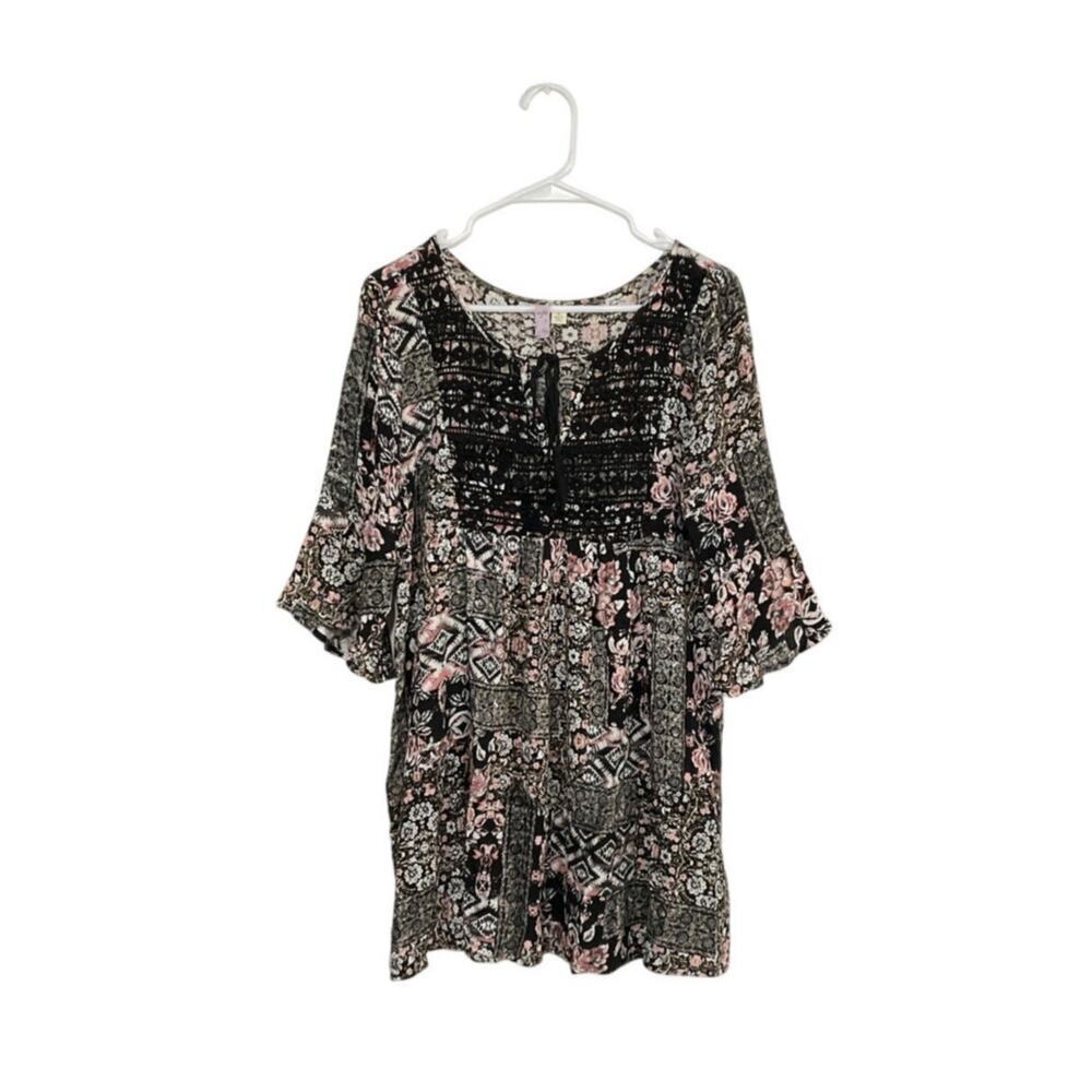 Alya Boho Crochet Tie Front Dress Sz Large Bell Sleeves Patchwork Floral Gypsy